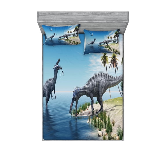 Jurassic Fitted Sheet & Pillow Sham Set, Large Fish is Caught by a Suchomimus Dinosaur Flying Pterosaur Dinosaur, Decorative Printed 6 Piece Bedding Decor Set, King, Blue Green Grey, by Ambesonne
