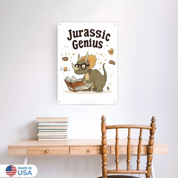 Jurassic Genius Vertical Tin Sign Wall Decor by Dancing Littles Jungle - Size 12x16 inch
