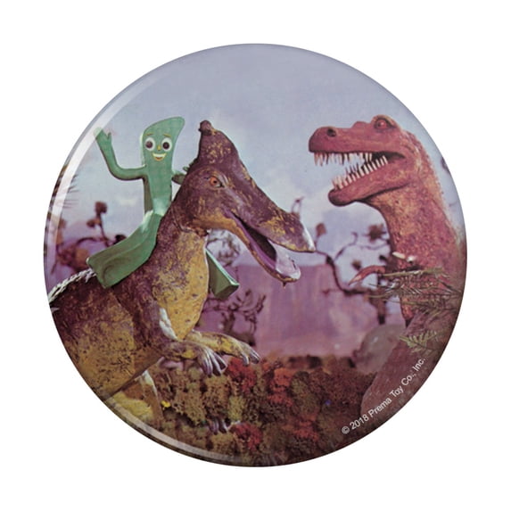 Jurassic Gumby Riding Dinosaur T-Rex Pinback Button Pin