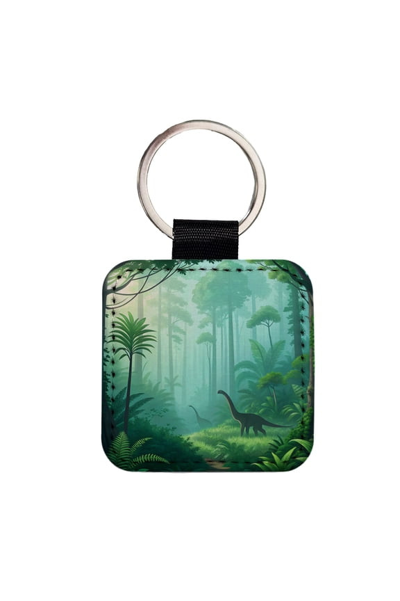 Jurassic Jungle Dinosaurs Faux Leather Square Keychain