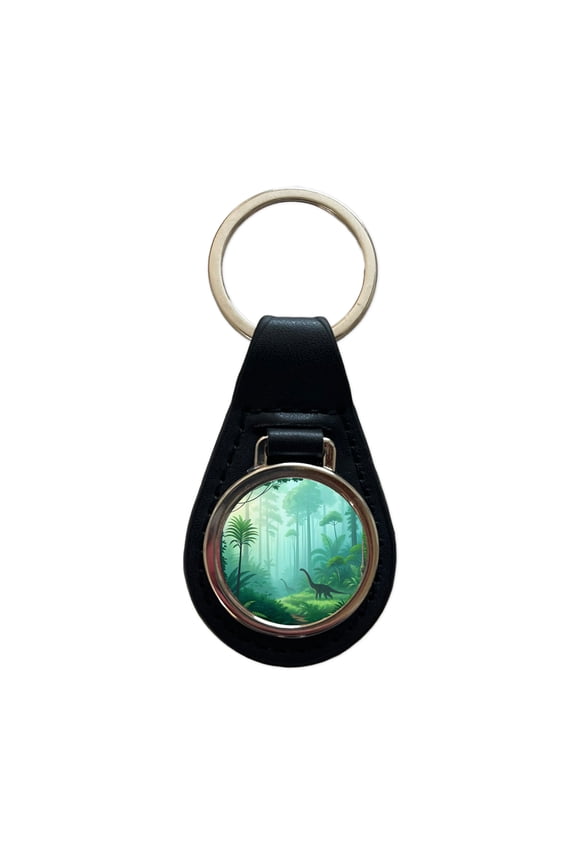 Jurassic Jungle Dinosaurs Metal Black Leather Keychain