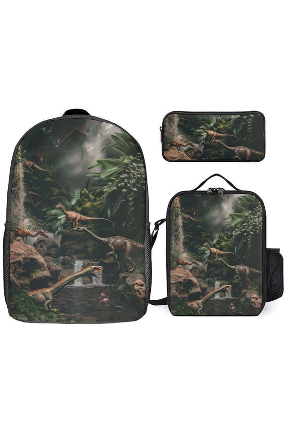 Jurassic Jungle Dinosaurs Waterfall Scene Backpack Student BookBag Bag Shoulder Bags 3ps Insulated Lunch Bag Pencil Case
