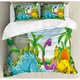 thumbnail image 1 of Jurassic King Size Duvet Cover Set, Dinosaurs Living in the Jungle Illustration Palm Trees Lakeside Stones Fun Artwork, Decorative 3 Piece Bedding Set with 2 Pillow Shams, Multicolor, by Ambesonne, 1 of 3