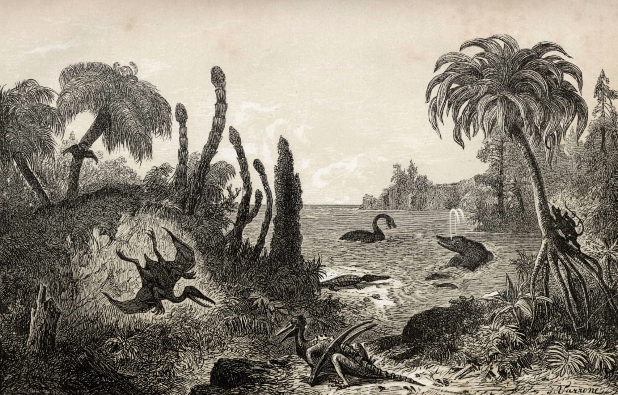 Jurassic Landscape Print From The 1870s Canvas Art - Ken Welsh Design Pics (18 x 11)