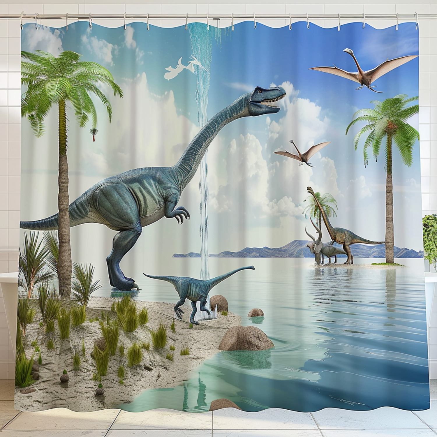 Jurassic Oasis Shower Curtain Dive into a Prehistoric Paradise! Dino 