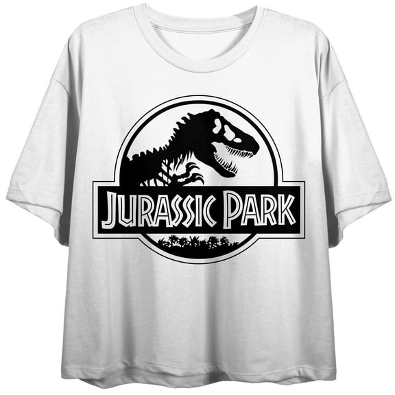 Jurassic Park Black & White Logo Women's White Crew Neck Short Sleeve Crop Top-Medium