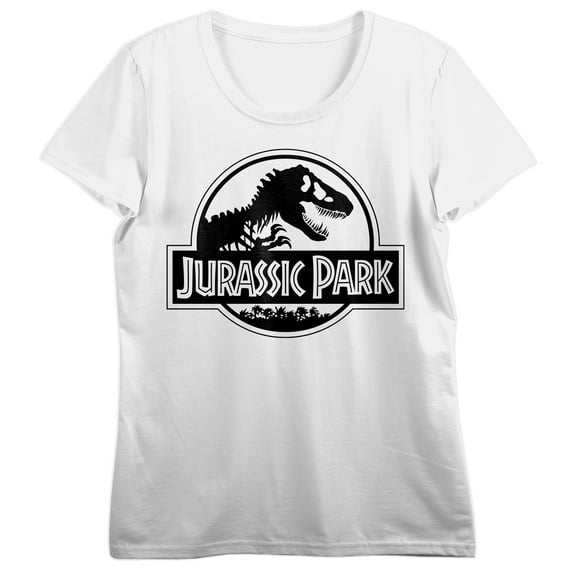 Jurassic Park Black & White Logo Women's White Crew Neck Short Sleeve T-shirt-Medium