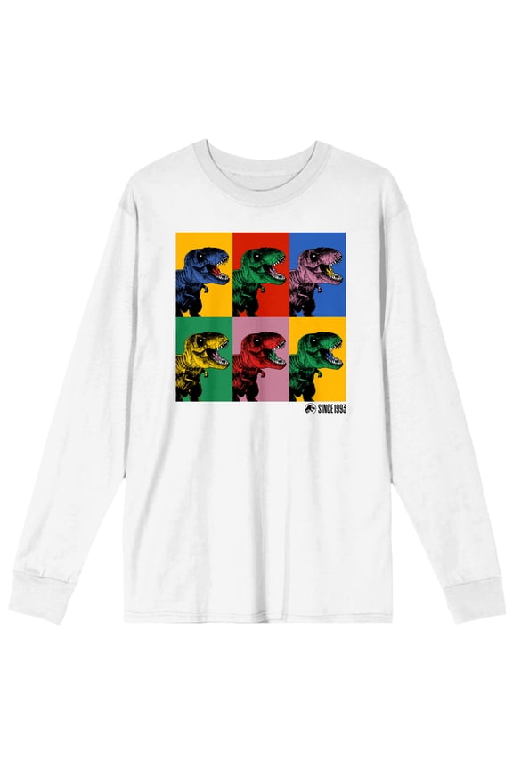 Jurassic Park Colorful T-Rex Squares Crew Neck Long Sleeve Men's White Tee-XL