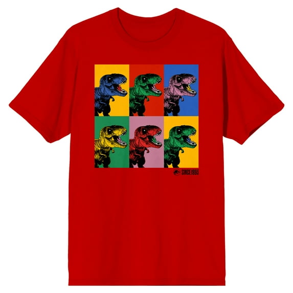 Jurassic Park Dinosaur Collage Crew Neck Short Sleeve Red Men's T-shirt
