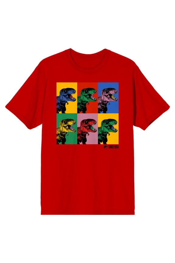 Jurassic Park Dinosaur Collage Crew Neck Short Sleeve Red Men's T-shirt