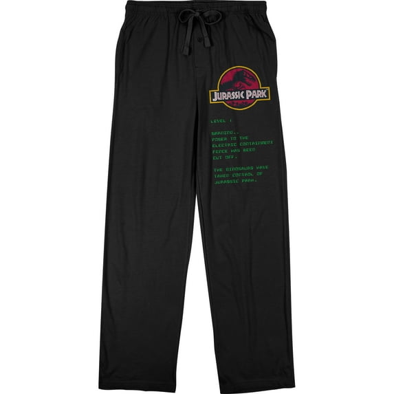 Jurassic Park Dinosaur Logo and Warning Code Men's Black Graphic Sleep Pajama Pants-3X-Large