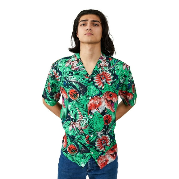 Jurassic Park Dinosaurs & Jungle Foliage AOP Short Sleeve Woven Button-Down Men's Shirt-Small