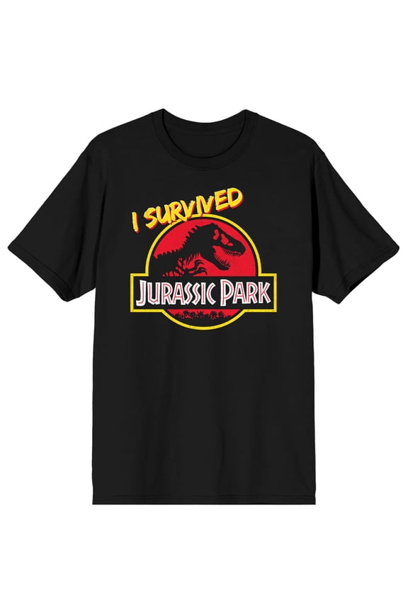 Jurassic Park Franchise Logo text I Survived text on Black Ground Adult Crew Neck Short Sleeve T-shirt - Small