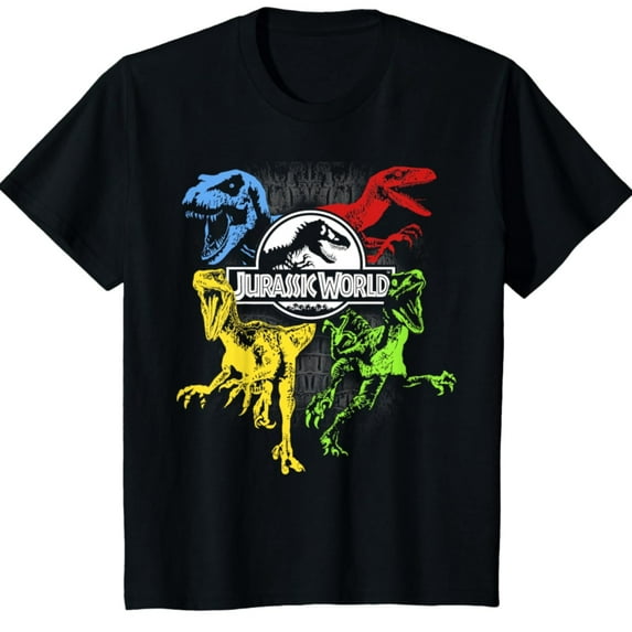 Jurassic Park Jurassic World Boys Short Sleeve Tyrannosaurus Rex Dinosaur T-Shirt, Boys Sizes 4-20 Black/Multi