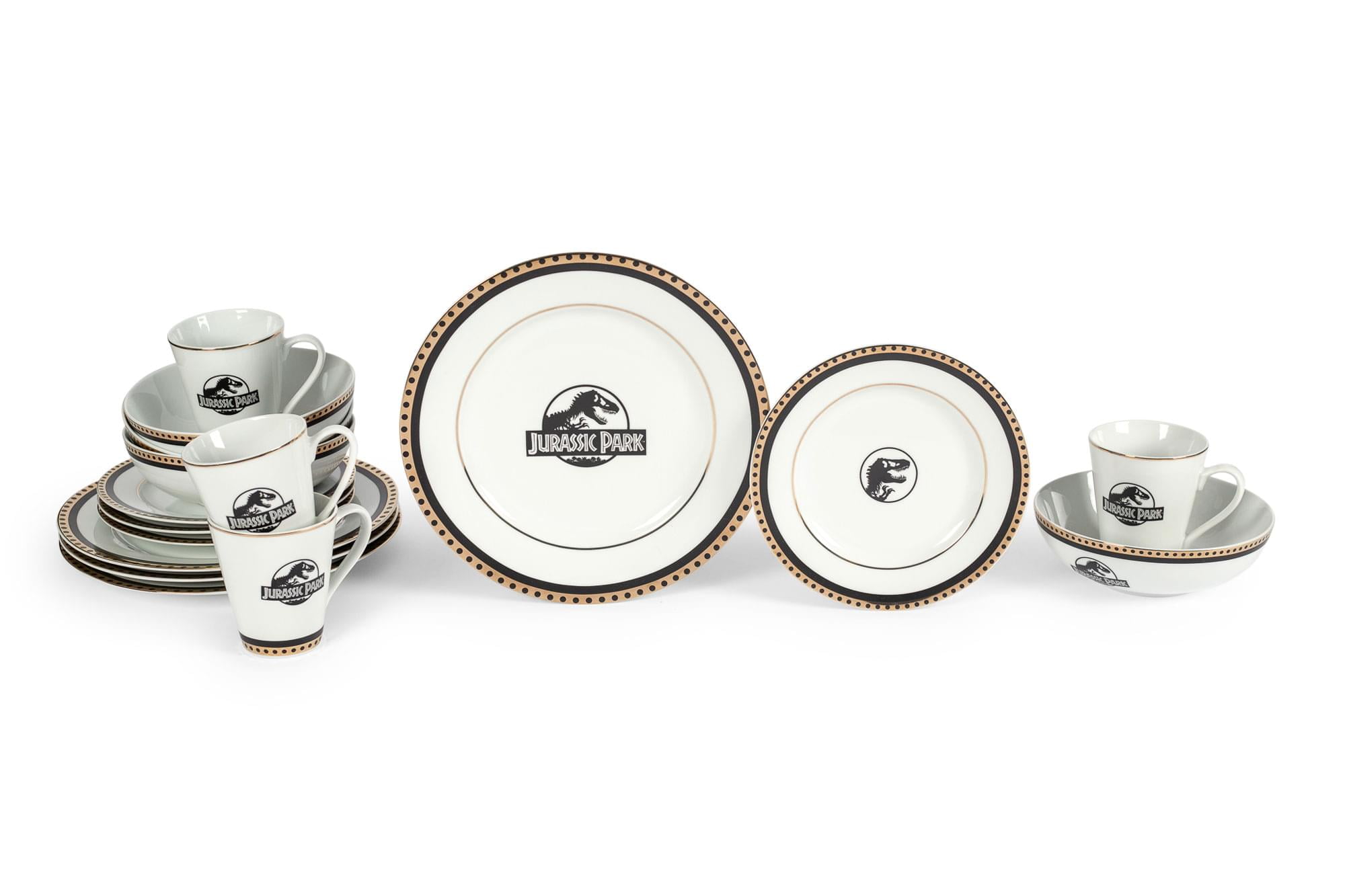 Jurassic Park Logo 16-Piece Ceramic Dinnerware Set Replica | Plates, Bowls, Mugs