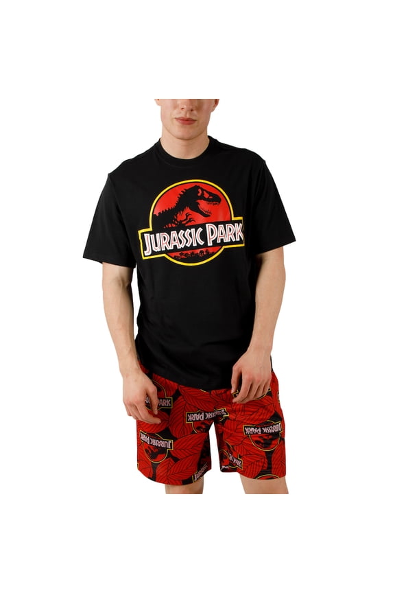 Jurassic Park Logo Men's Crew Neck Short Sleeve Tee & Lounge Shorts Combo Set-Medium