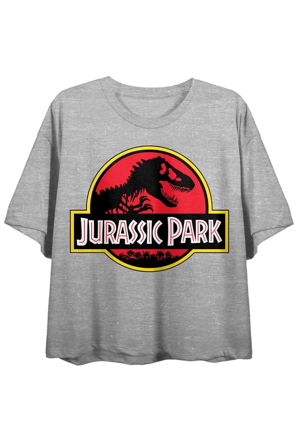 Jurassic Park Logo Women's Athletic Heather Crew Neck Short Sleeve Crop Top-Small