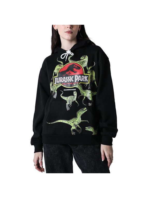 Jurassic Park Logo Wrap-Around Raptor Adult Black Long Sleeve Hooded Sweatshirt Small