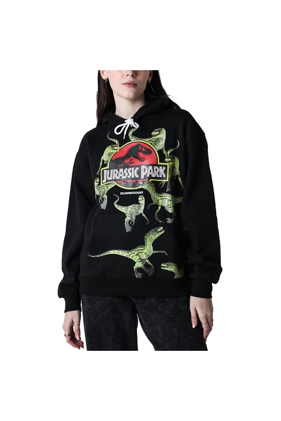 Jurassic Park Logo Wrap-Around Raptor Adult Black Long Sleeve Hooded Sweatshirt Small