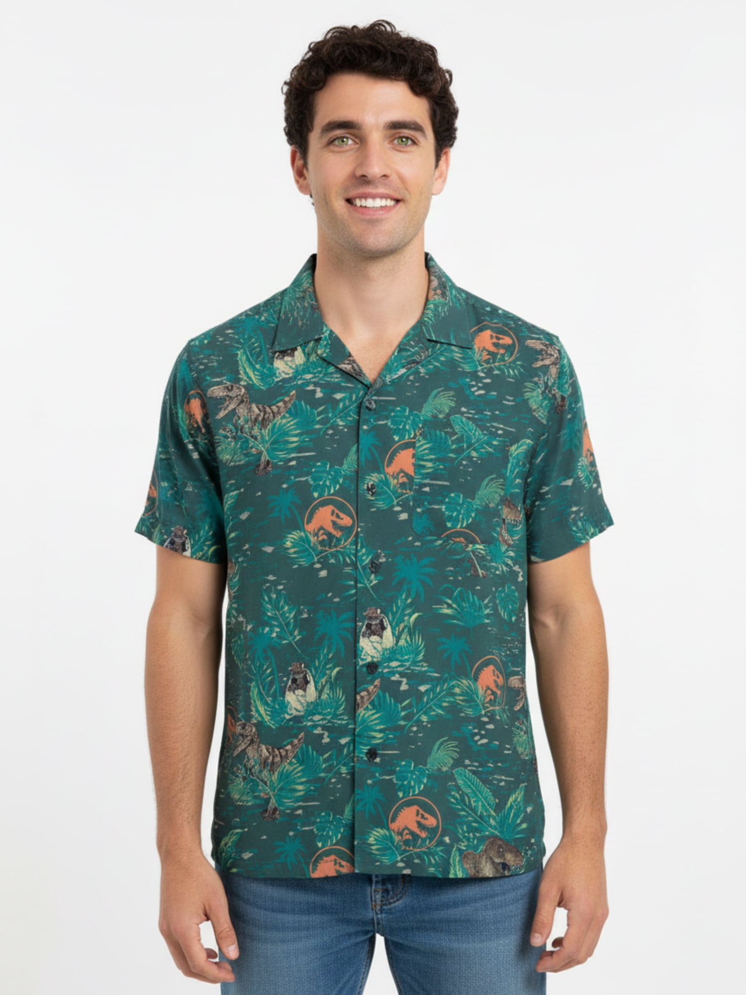 Jurassic Park, Men's & Big Men's Graphic Button-Up Shirt, Floral Gates, Sizes S-3XL