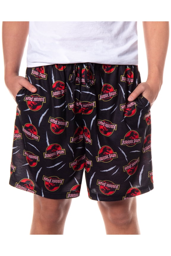 Jurassic Park Men's T Rex Slash Movie Logo All-Over Print Loungewear Sleep Pajama Shorts with Pockets