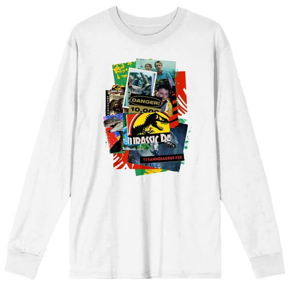 Jurassic Park Movie Collage Art Crew Neck Long Sleeve White Adult Tee - 3XL