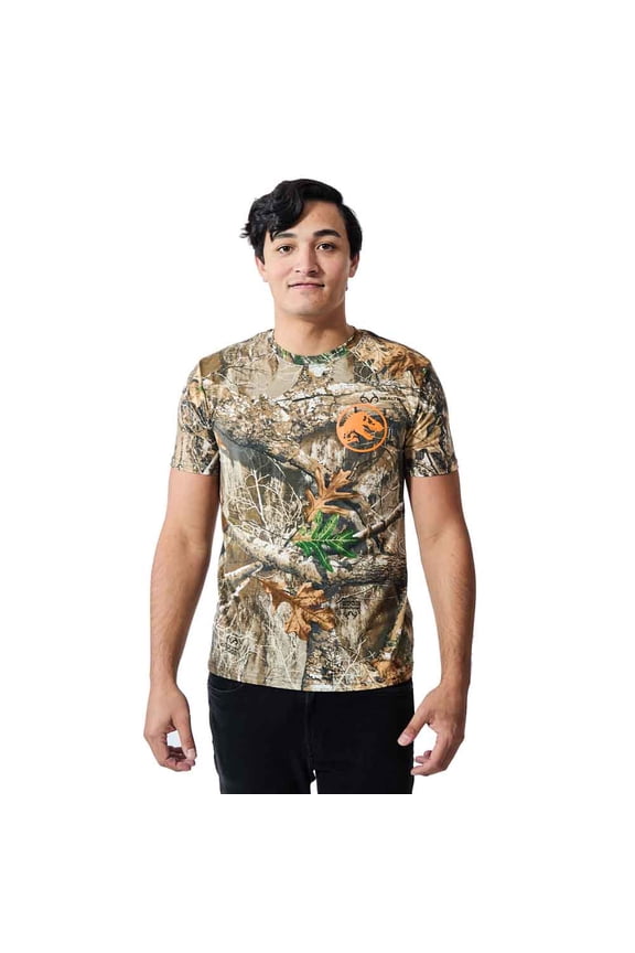 Jurassic Park Blaze Orange Logo Men's Camo Crew Neck Short Sleeve T-shirt-Small