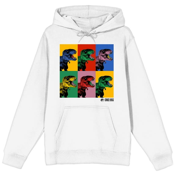 Jurassic Park T-Rex Multicolored Backgrounds Long Sleeve White Adult Hooded Sweatshirt-XL
