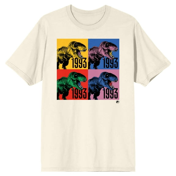 Jurassic Park T-rex 1993 Colorful Squares Crew Neck Short Sleeve Natural Men's T-shirt