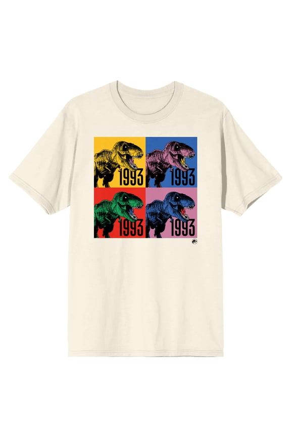 Jurassic Park T-rex 1993 Colorful Squares Crew Neck Short Sleeve Natural Men's T-shirt