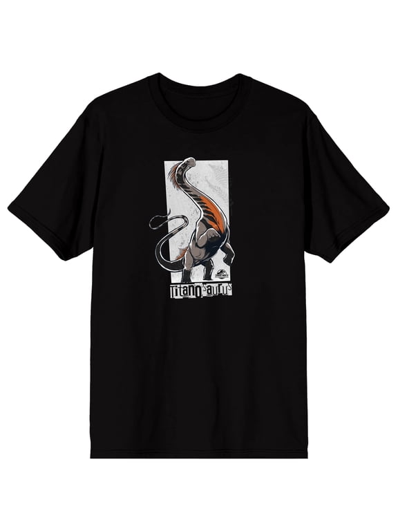 Jurassic: Rebirth (2025) Titanosaurus Vector Graphic White Distressed Frame Logo Titanosaurus Text on Black Ground Adult Crew Neck Short Sleeve T-shirt - Medium