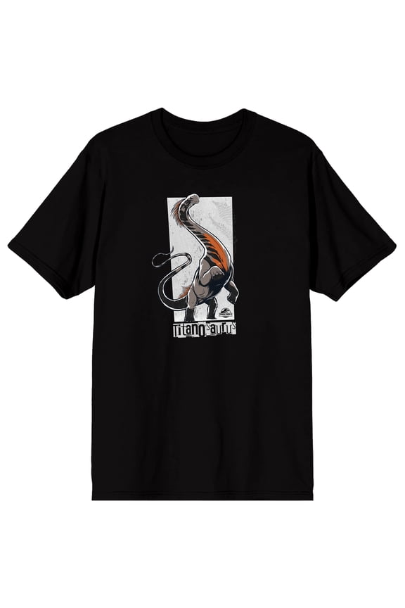 Jurassic: Rebirth (2025) Titanosaurus Vector Graphic White Distressed Frame Logo Titanosaurus Text on Black Ground Adult Crew Neck Short Sleeve T-shirt - XL