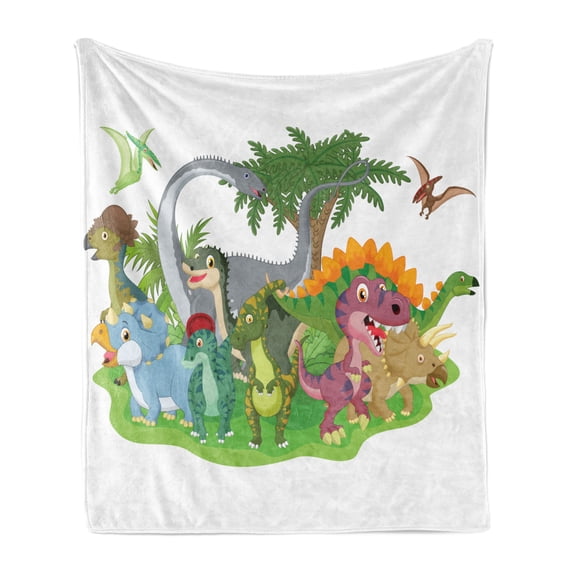 Jurassic Soft Flannel Fleece Blanket, Cartoon Group Dinosaur Friendship Humor Colorful Happy Smile Creative Jurassic Fun, Cozy Plush for Indoor and Outdoor Use, 50" x 60", Multicolor, by Ambesonne
