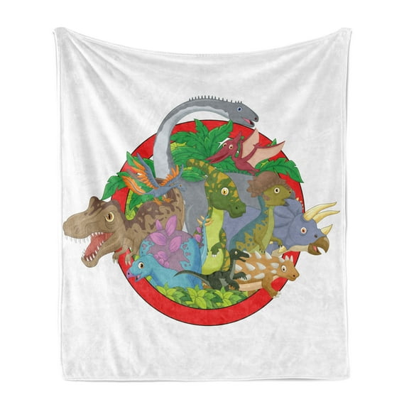 Jurassic Soft Flannel Fleece Blanket, Dinosaur Characters on Planet Globe Large Tropical Plants Leaves Landscape Print, Cozy Plush for Indoor and Outdoor Use, 50" x 70", Multicolor, by Ambesonne
