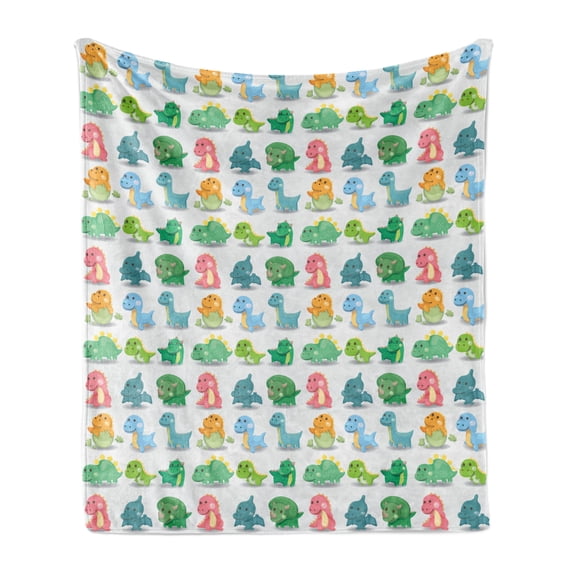 Jurassic Soft Flannel Fleece Throw Blanket, Colorful Dinosaur Pattern Beast Fantasy Primeval Times Happiness, Cozy Plush for Indoor and Outdoor Use, 60" x 80", Green Turquoise Marigold, by Ambesonne