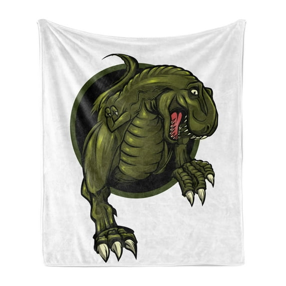 Jurassic Soft Flannel Fleece Throw Blanket, Roaring T-rex Mascot Animal Horror Wildlife Wilderness Extinct, Cozy Plush for Indoor and Outdoor Use, 60" x 80", Olive Green Brown, by Ambesonne