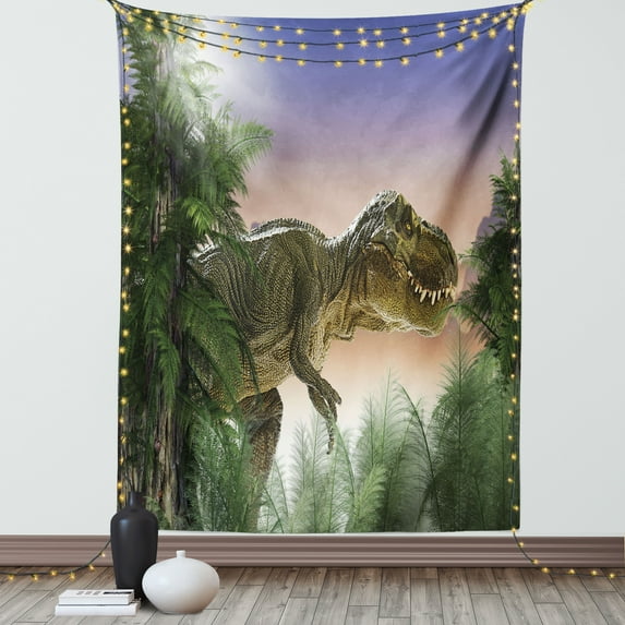 Jurassic Tapestry, Dinosaur in the Jungle Trees Forest Nature Woods Scary Predator Violence, Wall Hanging for Bedroom Living Room Dorm Decor, 60W X 80L Inches, Green Blue Peach, by Ambesonne