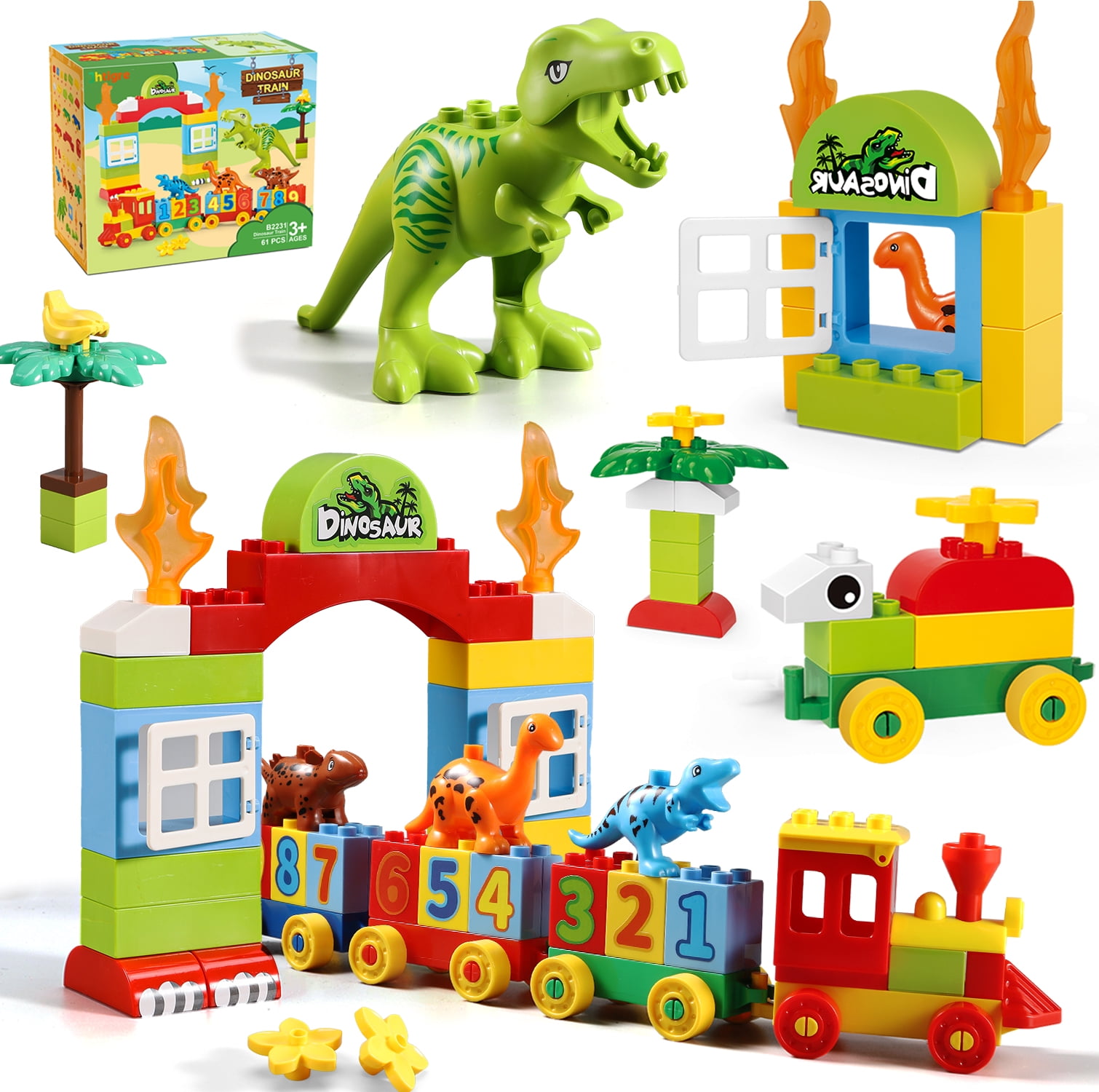 Jurassic Theme Building Blocks Dinosaur, Building Blocks ToysWith A Big T-rex,A Counting Train,and Three Dinosaurs,Compatible With All Major Brands, Gift For Kids Toddlers Boys Girls Age 3,4,5,6,7,8+