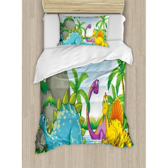 Jurassic Twin Size Duvet Cover Set, Dinosaurs Living in the Jungle Illustration Palm Trees Lakeside Stones Fun Artwork, Decorative 2 Piece Bedding Set with 1 Pillow Sham, Multicolor, by Ambesonne