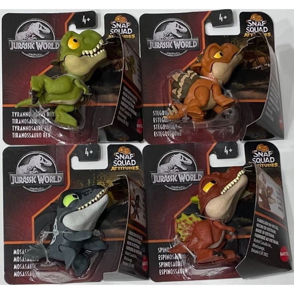 Jurassic World 2022 Snap Squad Attitudes Set of 4 Figures Tyrannosaurus Rex, Spinosaurus, Mosasaurus, Stegosaurus from GXW58-956C Release