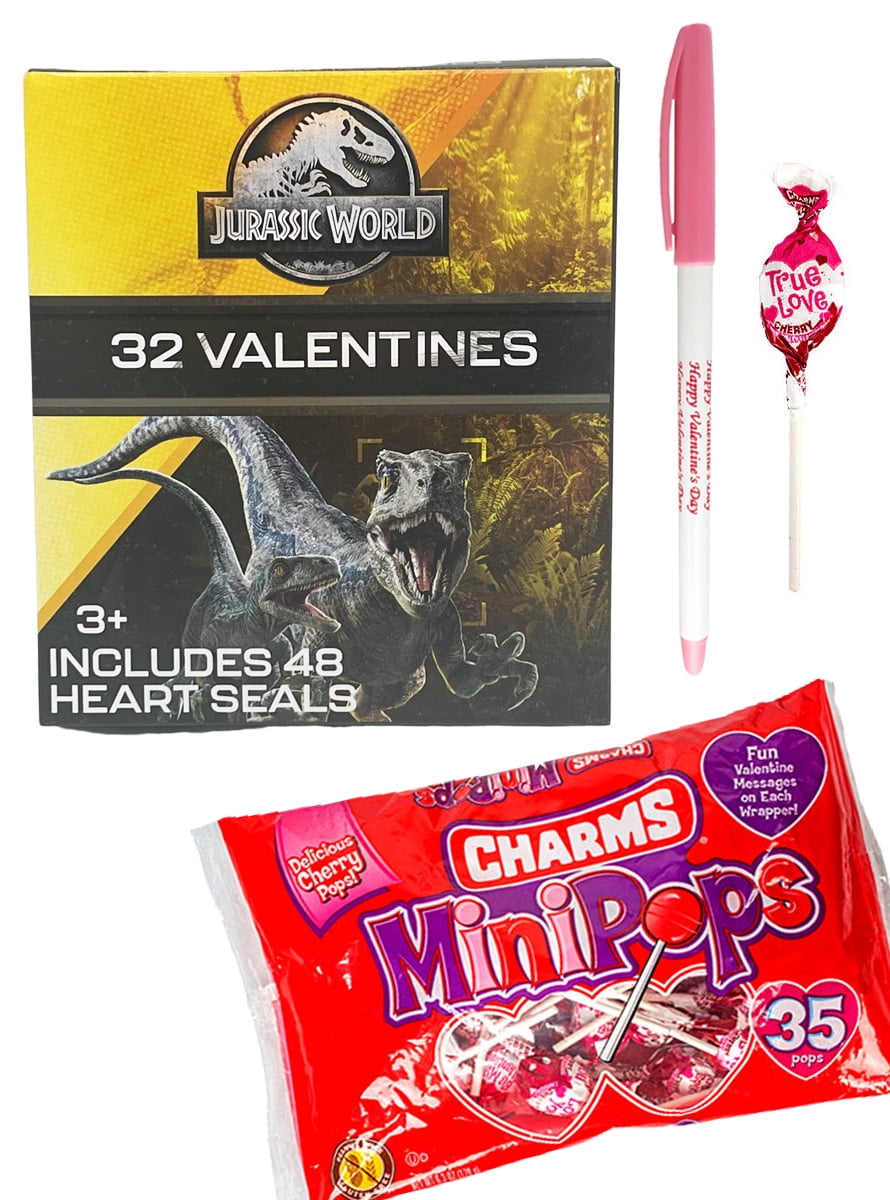 Jurassic World 32 Valentine Cards with Charms Lollipops MiniPops, 48 ...