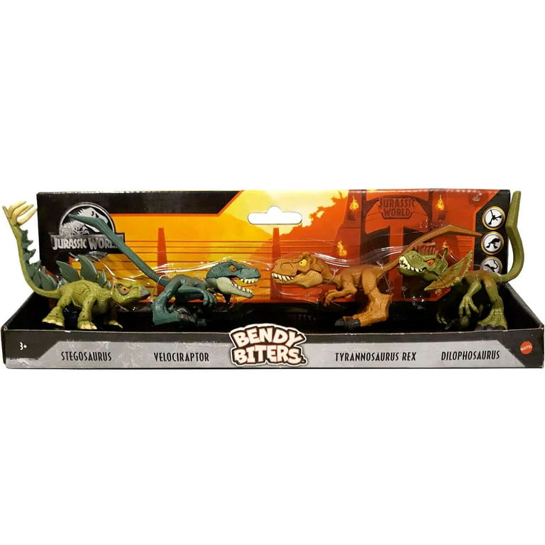 Jurassic World Bendy Biters Mini Figure 4 Pack Stegosaurus Velociraptor Tyrannosaurus Rex Dilophosaurus