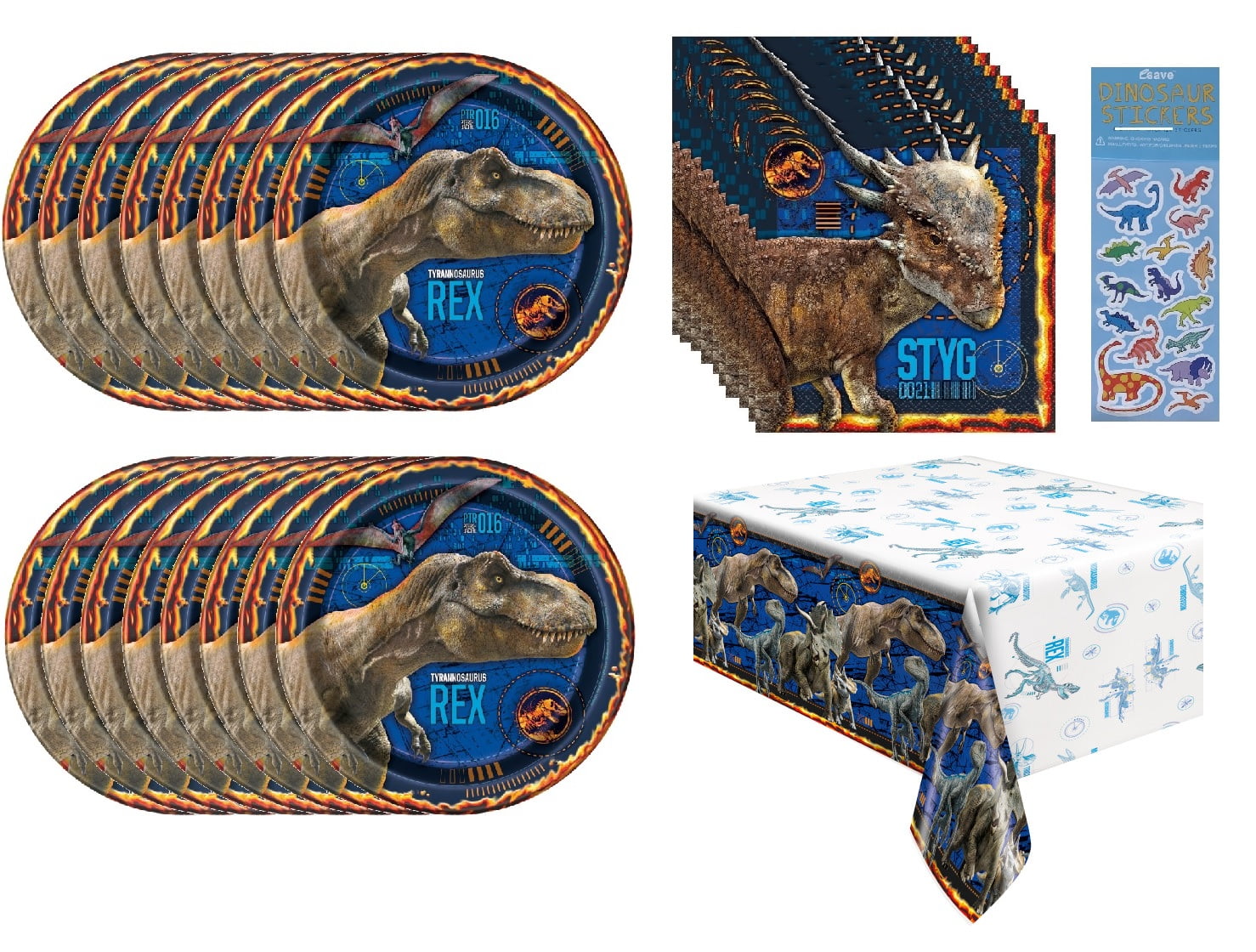 Jurassic World Birthday Party Supplies Bundle Includes 16 Party Paper Plates 9", 16 Paper Napkins 2-Ply 6.5", 1 Table Cover, 1 Dinosaur Sticker Sheet