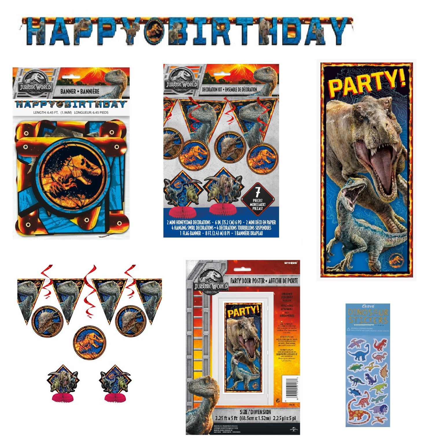 Jurassic World Birthday Party Supplies Decoration Bundle includes Happy Birthday Banner, Swirl Hanging Decorations, Door Poster, 1 Dinosaur Sticker Sheet
