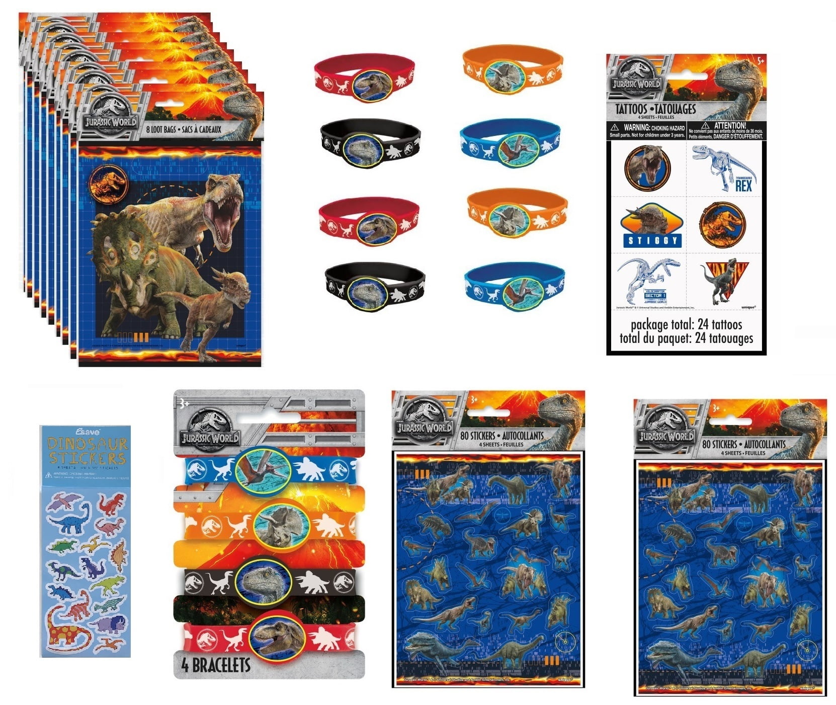 Jurassic World Birthday Party Supplies Favor Bundle Pack includes 8 Loot Bags, 8 Rubber Bracelets, 24 Tattoos, 160 Stickers, 1 Dinosaur Sticker Sheet