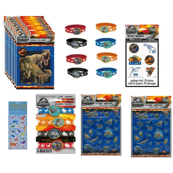 Jurassic World Birthday Party Supplies Favor Bundle Pack includes 8 Loot Bags, 8 Rubber Bracelets, 24 Tattoos, 160 Stickers, 1 Dinosaur Sticker Sheet