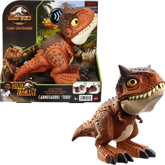 Jurassic World Camp Cretaceous Chompin Carnotaurus Toro Dinosaur Action Figure, Toy Gift with Button-Activated Chomping and Other Motion