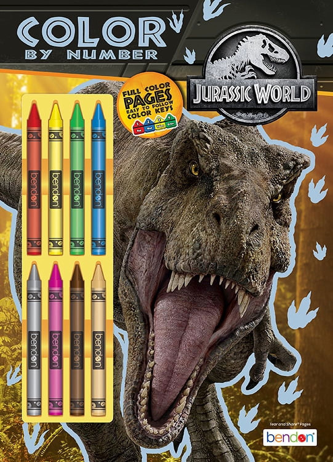 Jurassic World Color By Number 32 Page Coloring Book with 8 Crayons ...