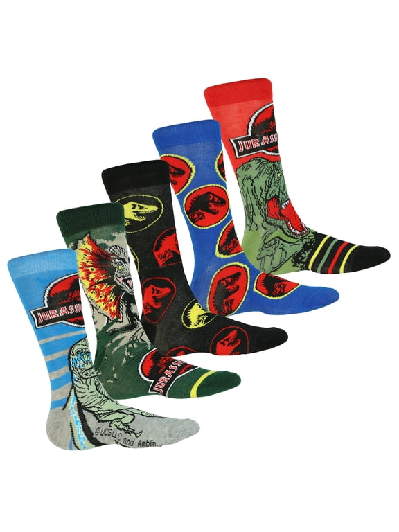 Jurassic World Crew Socks Men's Dinosaur-Inspired Designs 5-Pack Mid Calf, Shoe Size 6-12