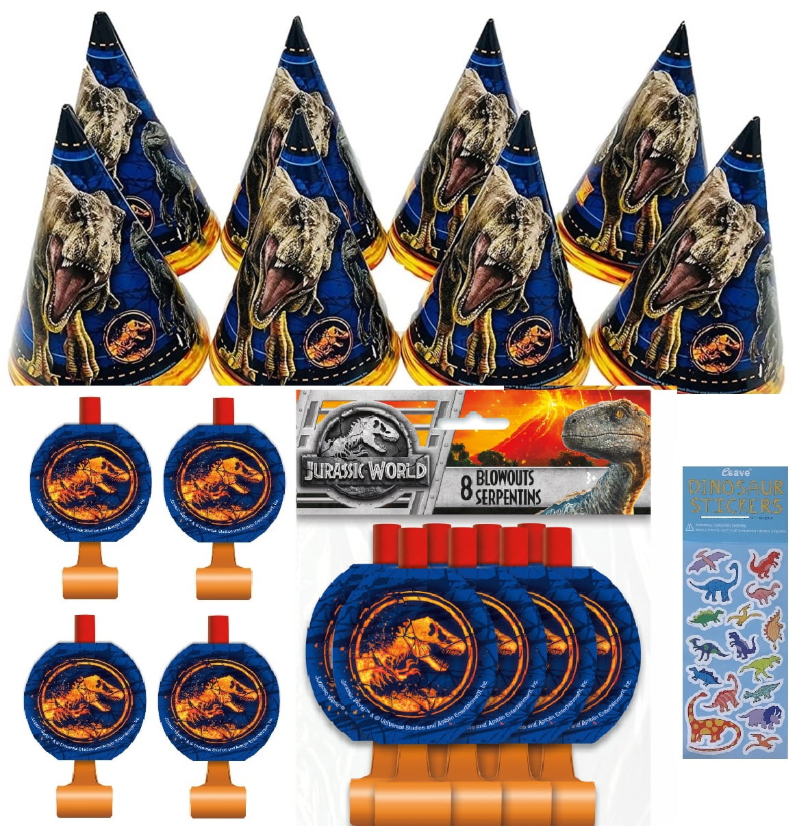 Jurassic World Dinosaur Birthday Party Supplies Bundle Pack includes 8 Party Cone Hats, 8 Party Blowouts, 1 Dinosaur Sticker Sheet